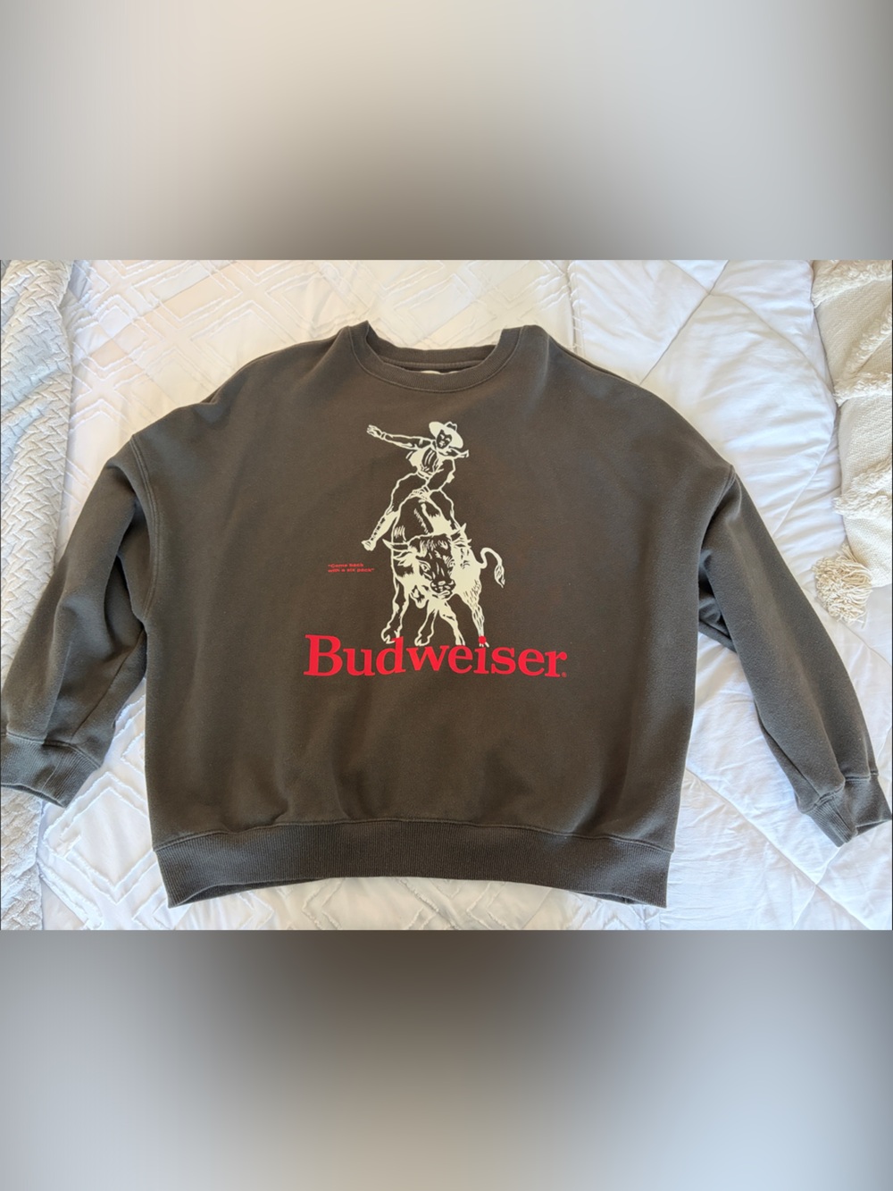 Budweiser Olive Crewneck Sweatshirt with Red and Cream Graphic